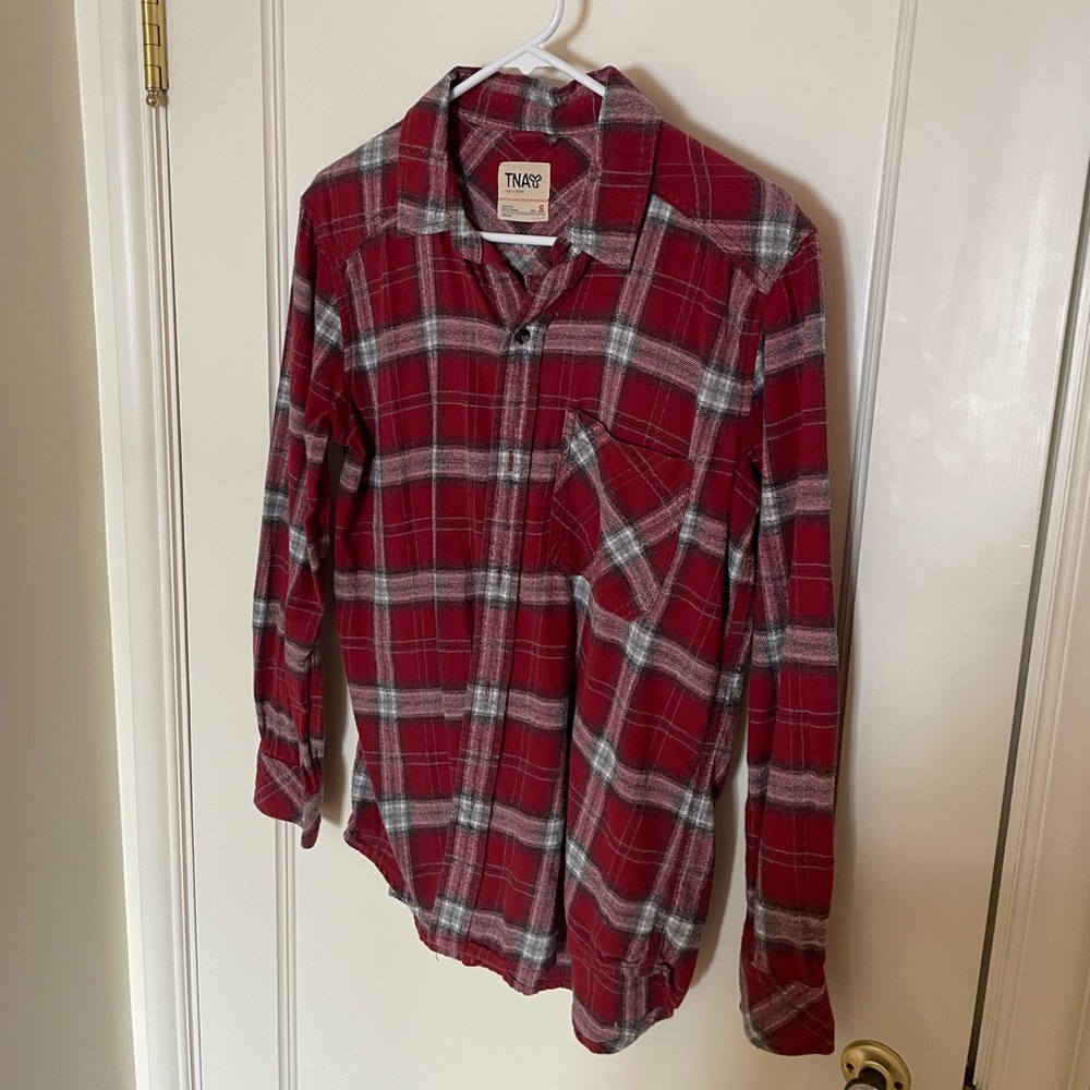 TNA oversized red and white plaid flannel.